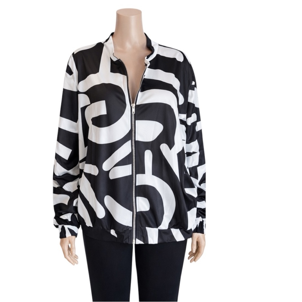 New Black & White Abstract Print Zip-Up Bomber Jacket - Picture 9 of 16